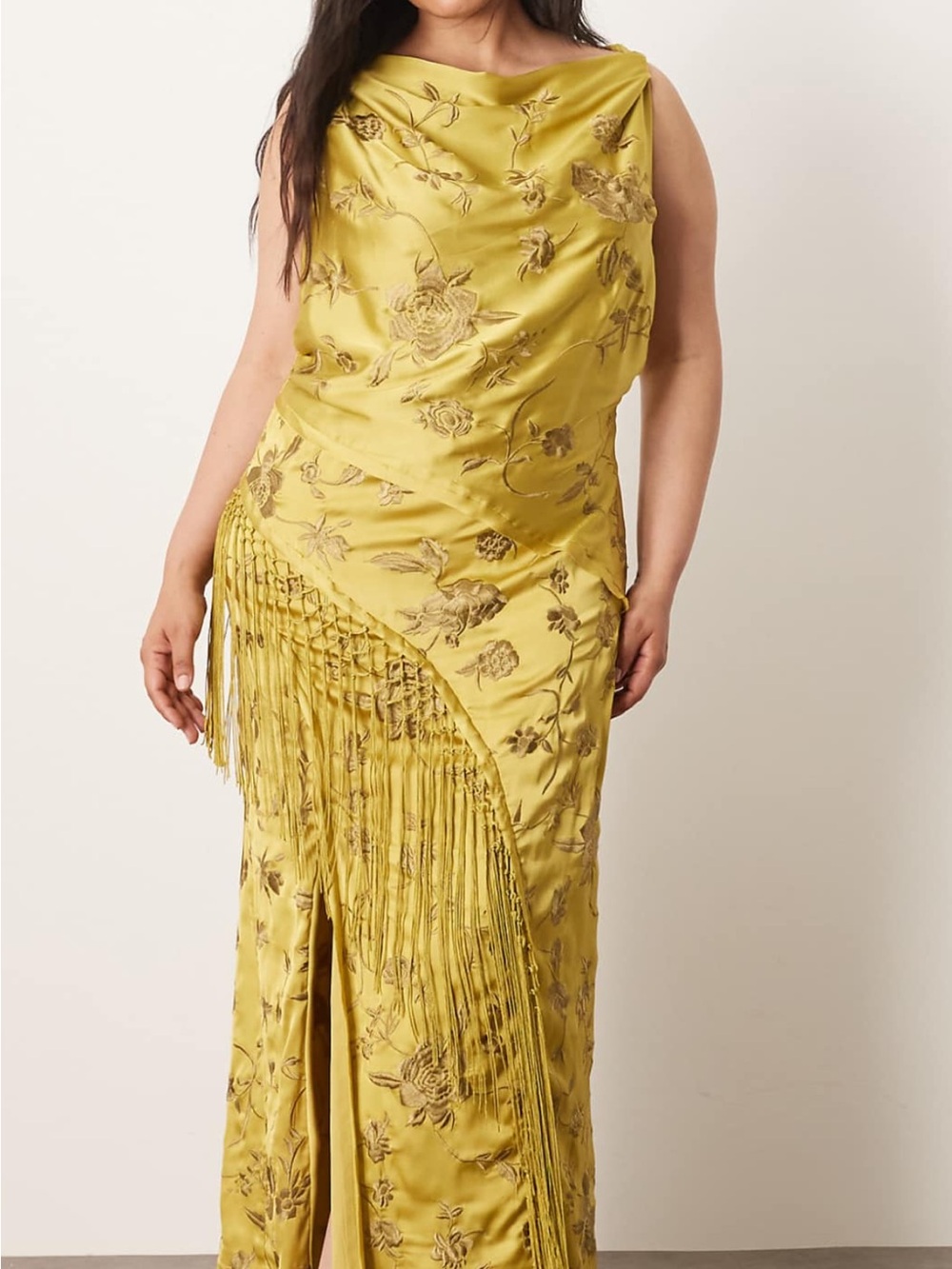 Fringed Floral Satin Slip Dress in Chartreuse